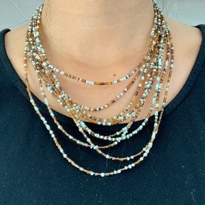 Multi Strand Bronze & Aqua Beaded Necklace